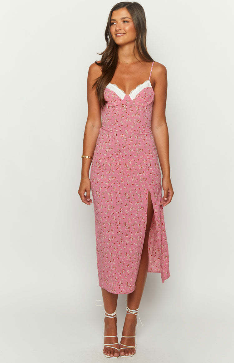 Kinsley Pink Floral Midi Dress-Vavasi.All Rights Reserved.