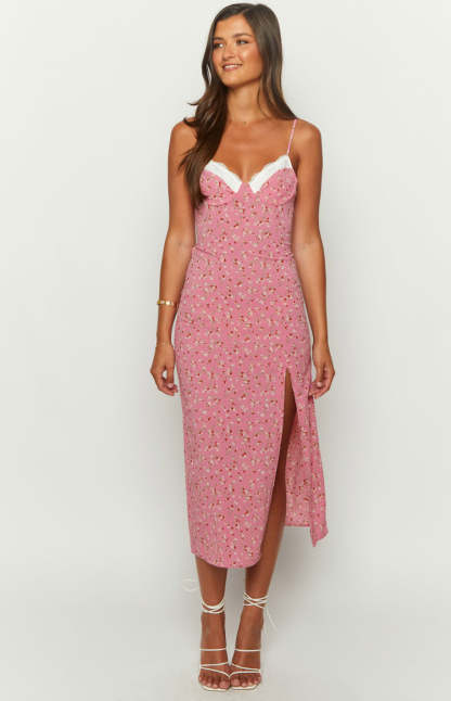 Kinsley Pink Floral Midi Dress-Vavasi.All Rights Reserved.