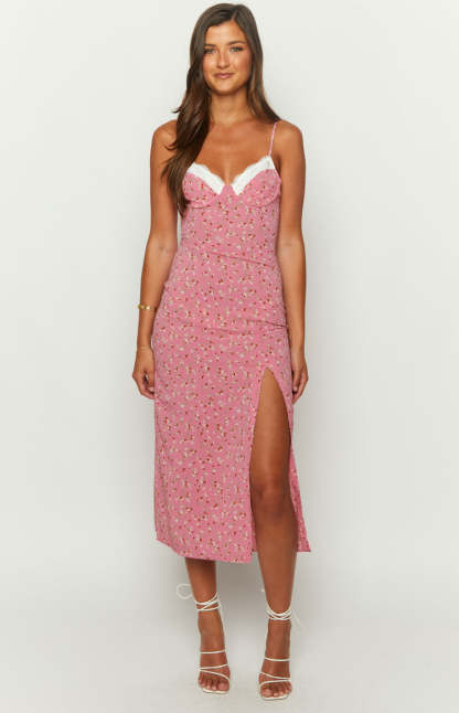 Kinsley Pink Floral Midi Dress-Vavasi.All Rights Reserved.