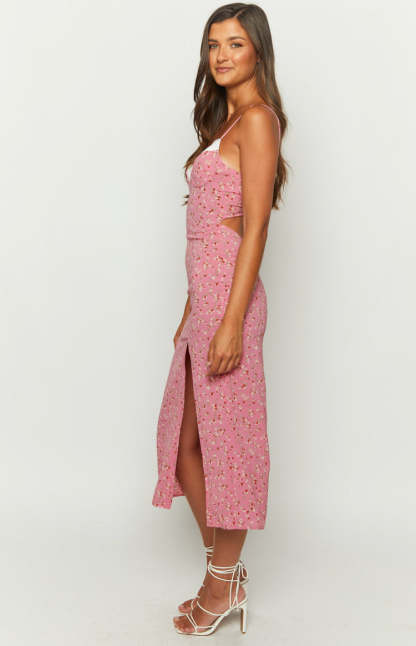 Kinsley Pink Floral Midi Dress-Vavasi.All Rights Reserved.