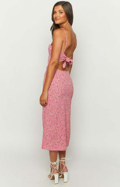 Kinsley Pink Floral Midi Dress-Vavasi.All Rights Reserved.