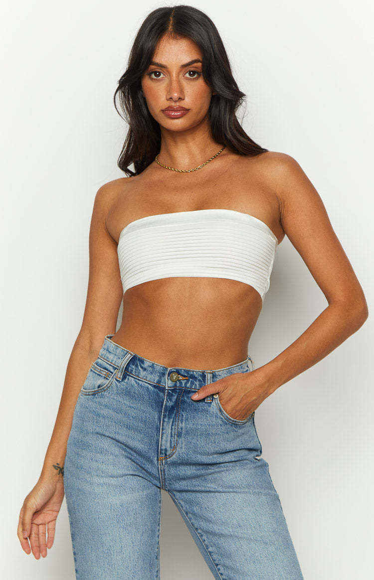 Kylen White Strapless Bandeau Crop-Vavasi.All Rights Reserved.