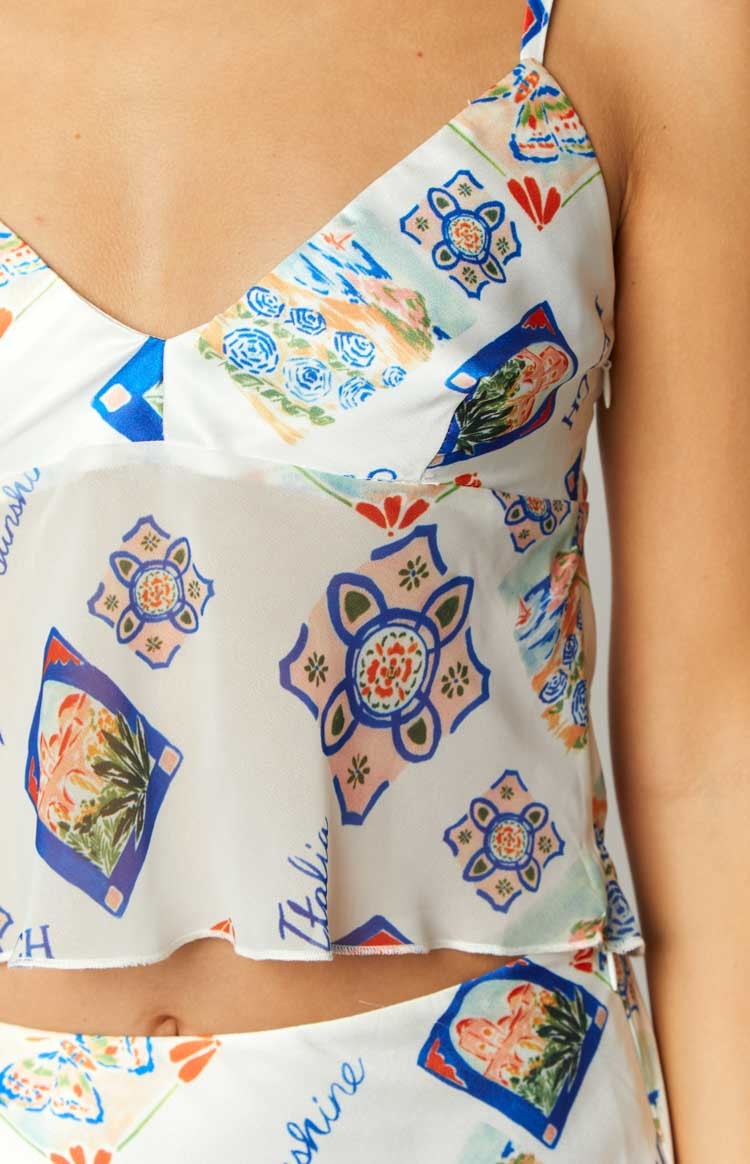 Kyrah White Satin Italia Print Crop Top-Vavasi.All Rights Reserved.