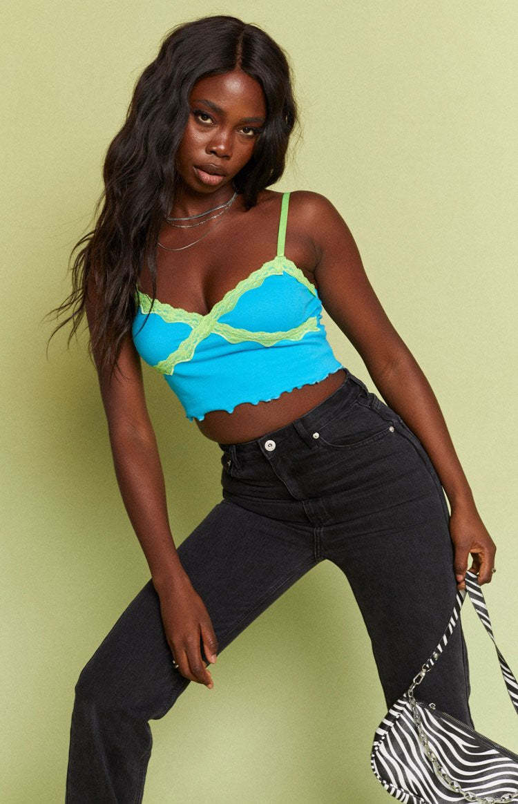 Octavia Lace Spliced Tank Top Blue-Vavasi.All Rights Reserved.