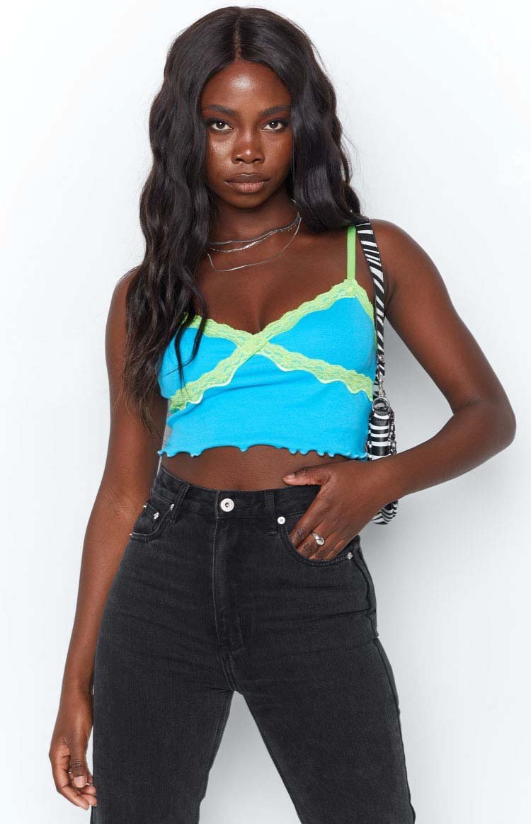 Octavia Lace Spliced Tank Top Blue-Vavasi.All Rights Reserved.