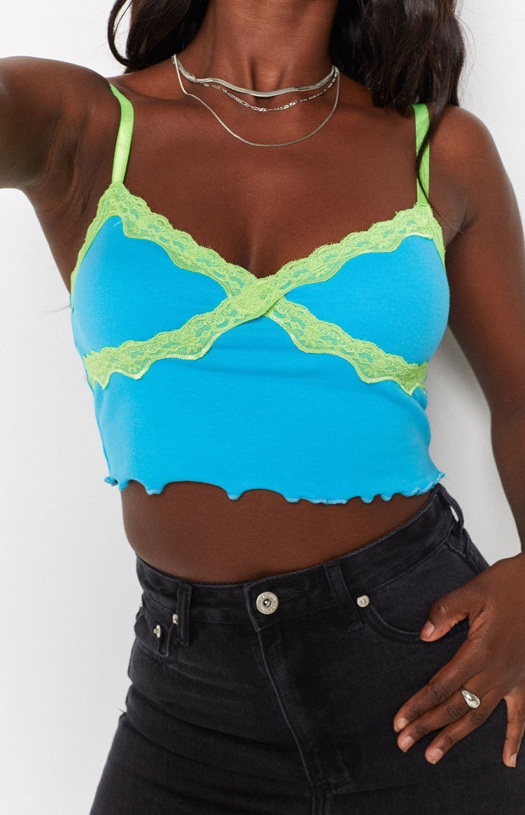 Octavia Lace Spliced Tank Top Blue-Vavasi.All Rights Reserved.