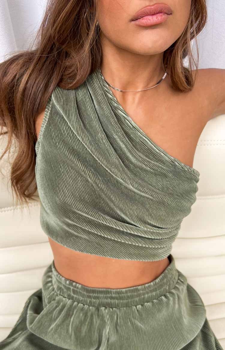 Lailah Khaki One Shoulder Crop Top-Vavasi.All Rights Reserved.