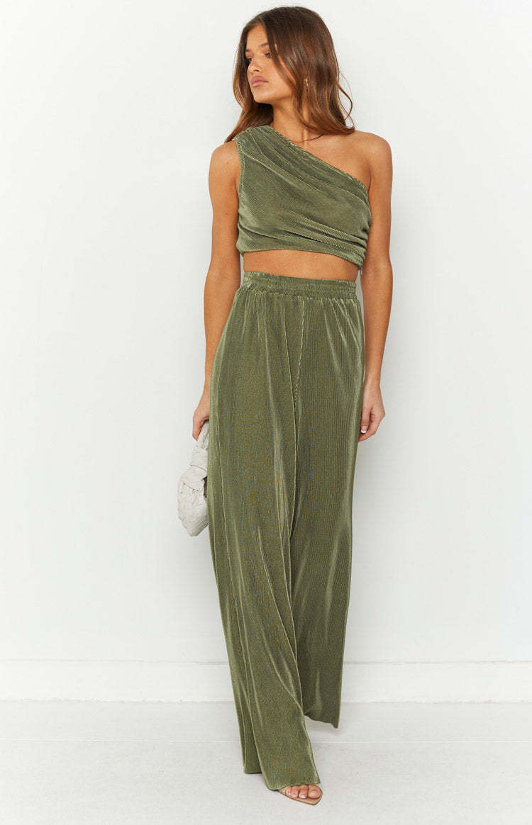 Lailah Khaki One Shoulder Crop Top-Vavasi.All Rights Reserved.