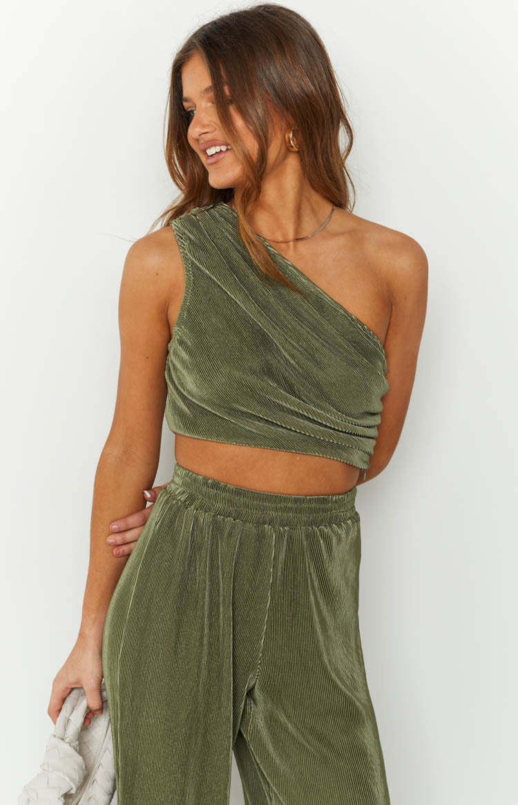 Lailah Khaki One Shoulder Crop Top-Vavasi.All Rights Reserved.
