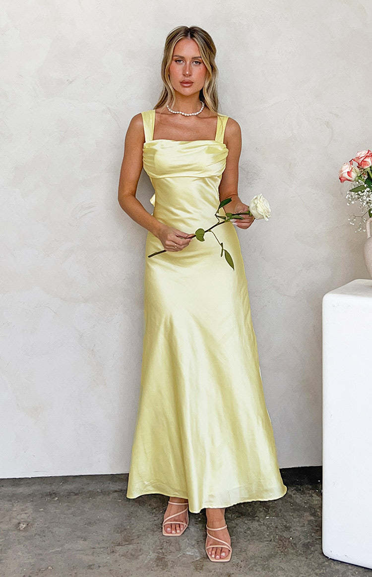 Laria Yellow Satin Formal Maxi Dress-Vavasi.All Rights Reserved.