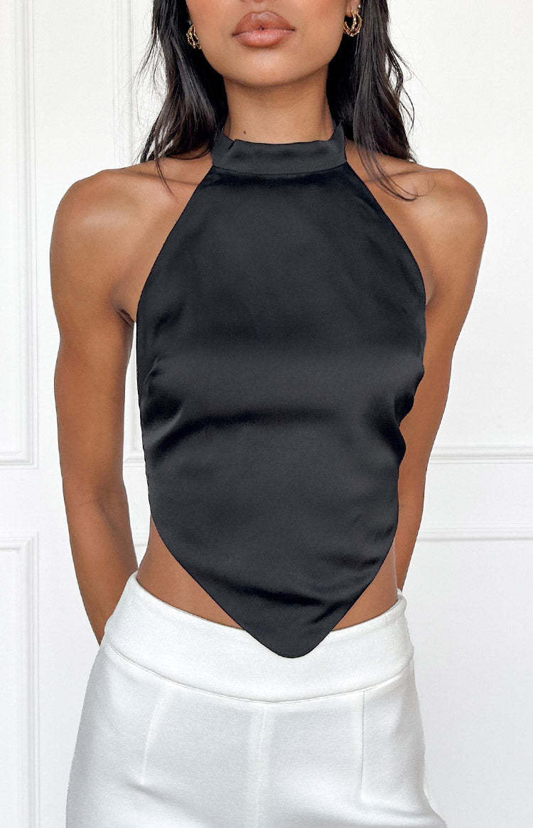 Laylee Black High Neck Satin Top-Vavasi.All Rights Reserved.