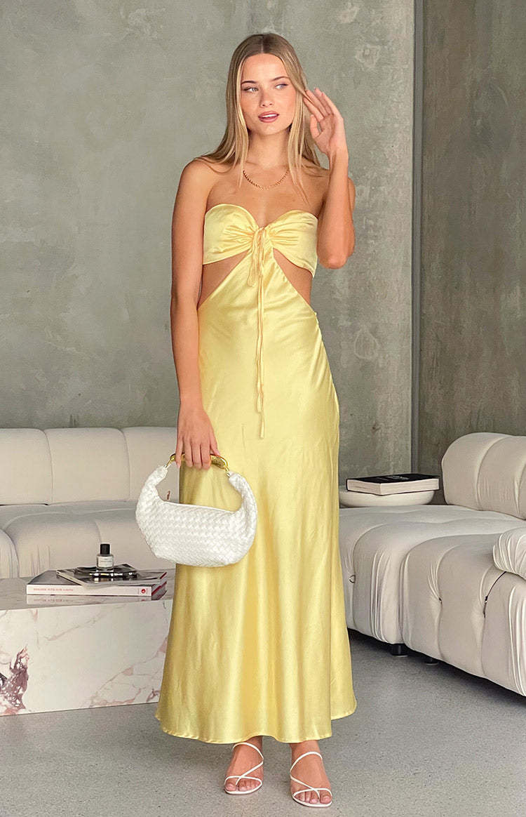 Lili Yellow Satin Strapless Maxi Dress-Vavasi.All Rights Reserved.