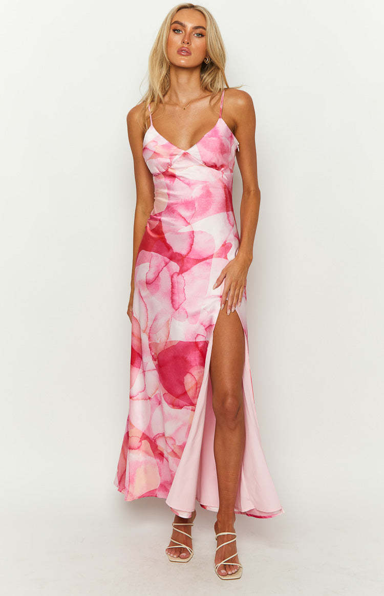 Lilie Pink Satin Print Maxi Dress-Vavasi.All Rights Reserved.