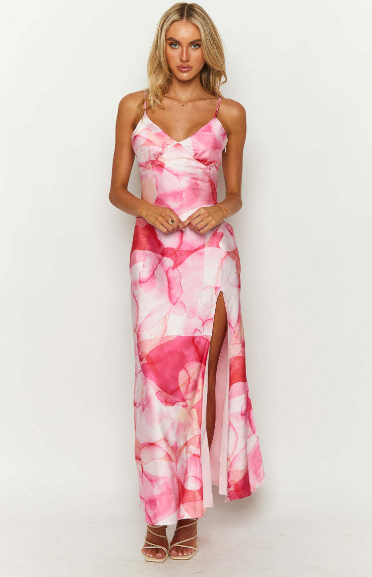 Lilie Pink Satin Print Maxi Dress-Vavasi.All Rights Reserved.