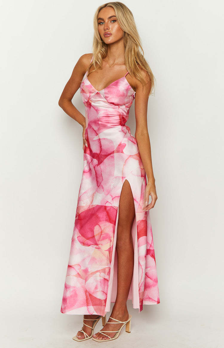 Lilie Pink Satin Print Maxi Dress-Vavasi.All Rights Reserved.