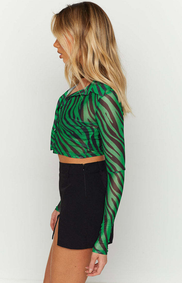Lilliana Green Print Mesh Shirt-Vavasi.All Rights Reserved.