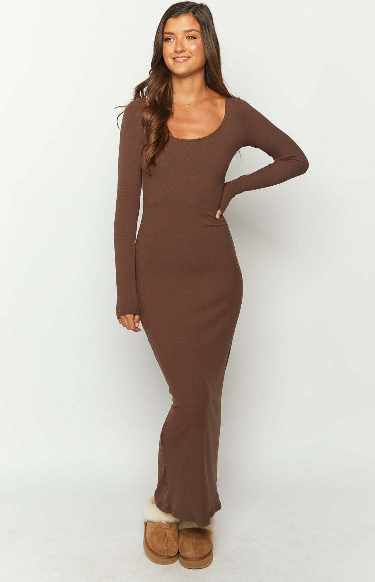 Lily Brown Long Sleeve Maxi Dress-Vavasi.All Rights Reserved.