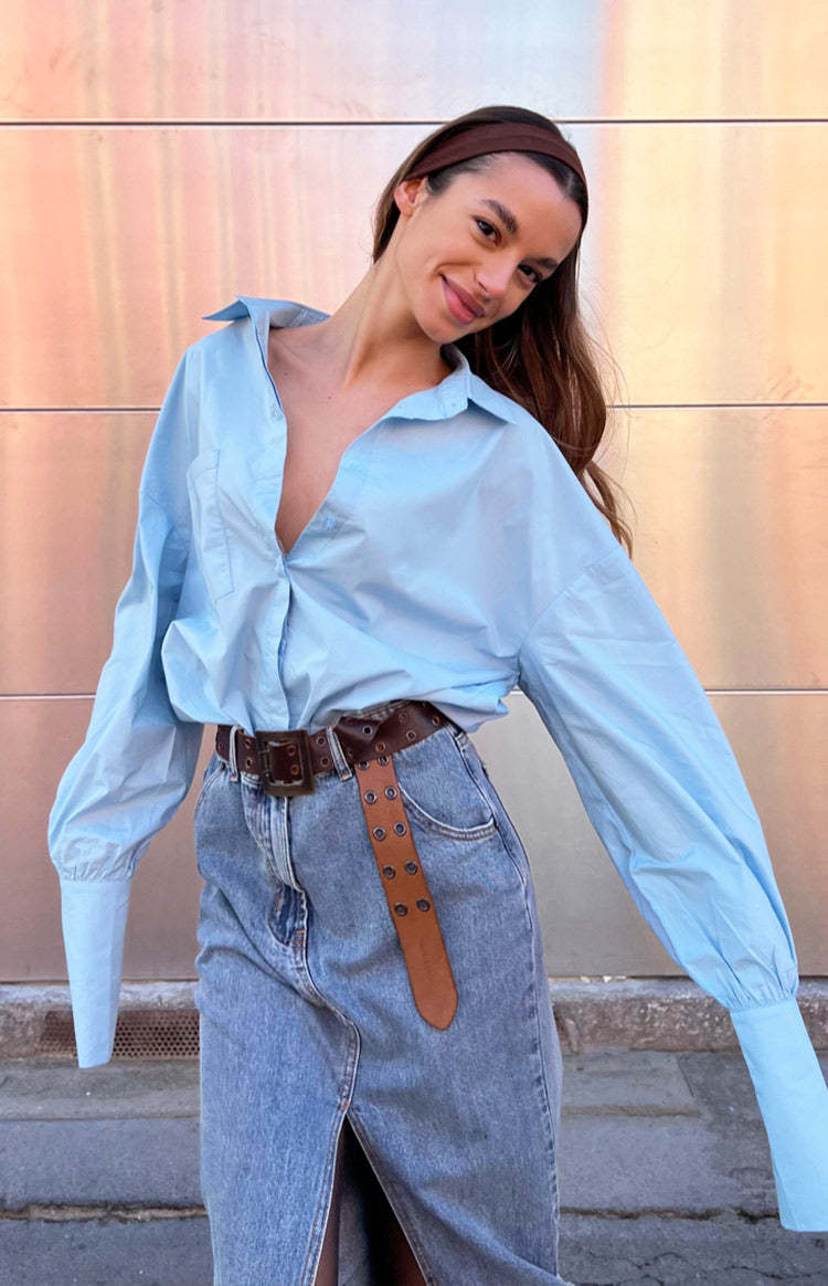 Lioness Dad Shirt Sky Blue Mini Dress-Vavasi.All Rights Reserved.