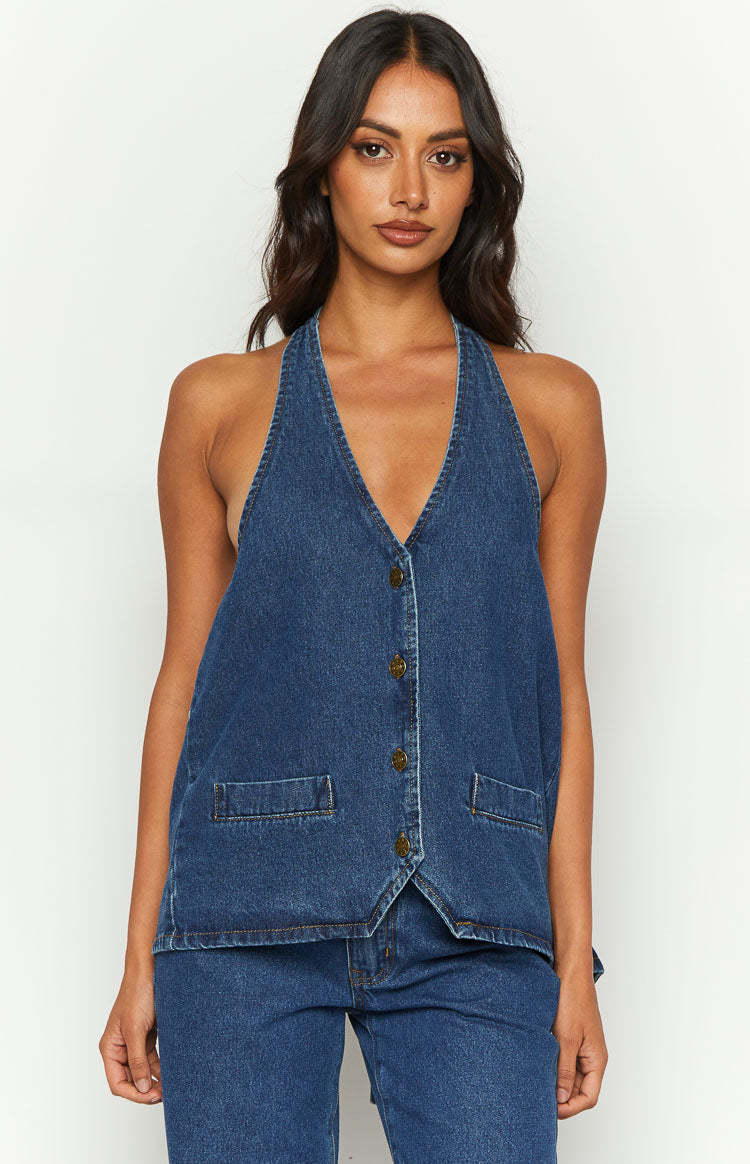 Lioness Hills Halter Dark Denim Vest-Vavasi.All Rights Reserved.