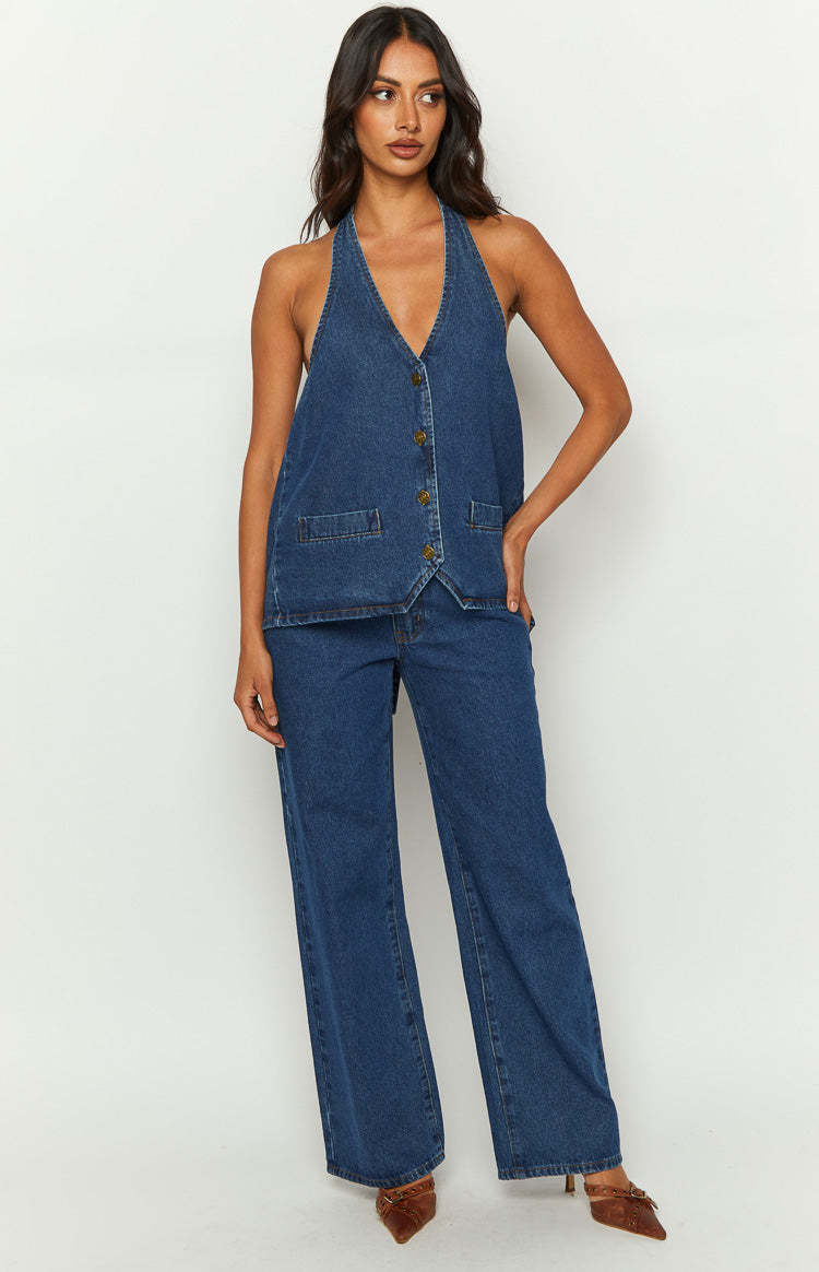 Lioness Hills Halter Dark Denim Vest-Vavasi.All Rights Reserved.
