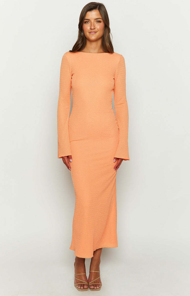Looking For Love Orange Long Sleeve Midi Dress-Vavasi.All Rights Reserved.