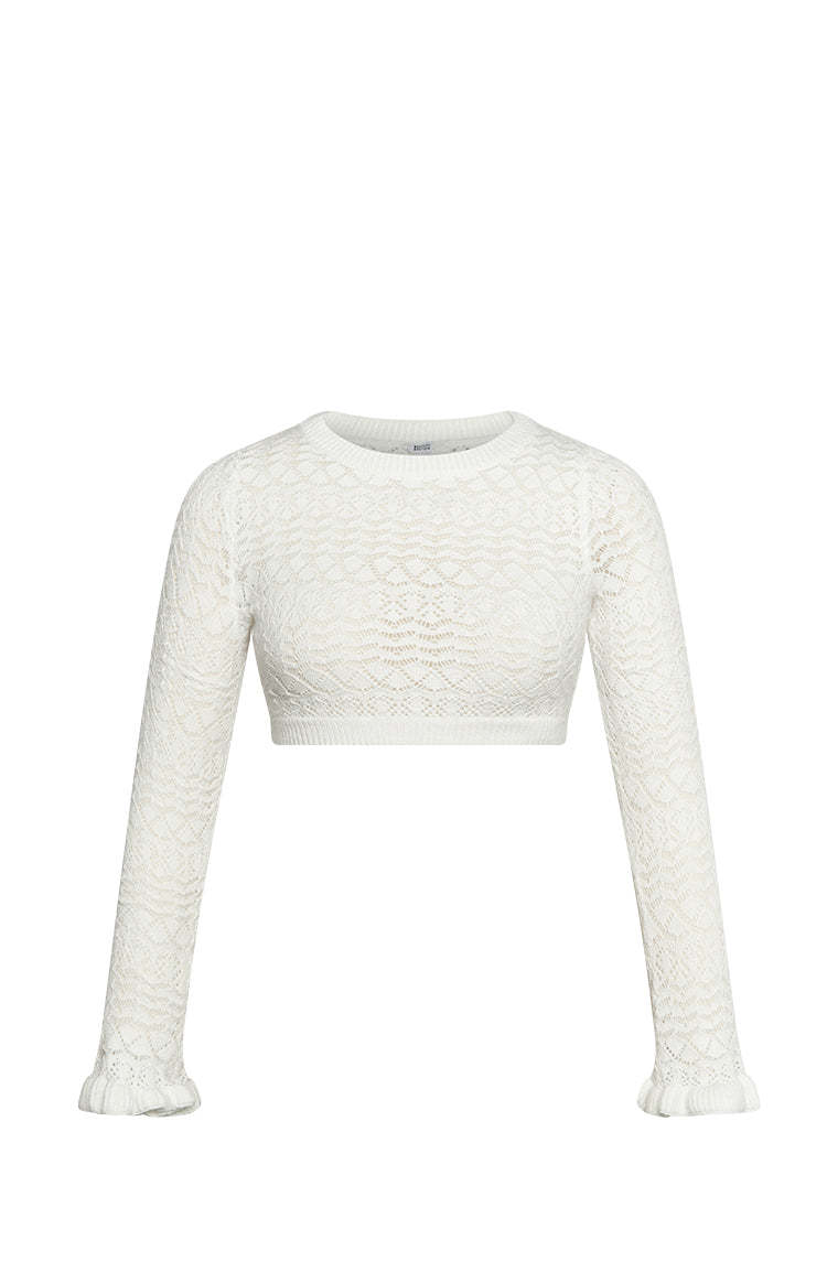 Lorri White Knit Ruffle Top-Vavasi.All Rights Reserved.