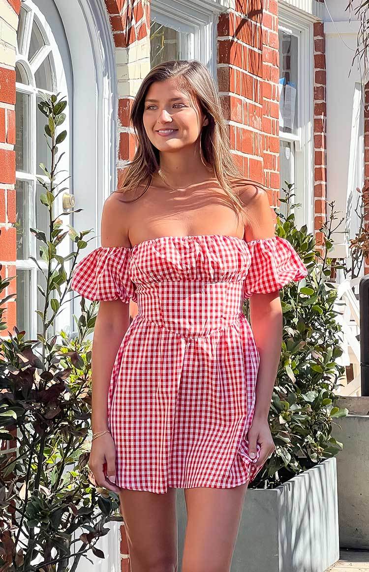 Love Lost Off The Shoulder Red Gingham Mini Dress-Vavasi.All Rights Reserved.