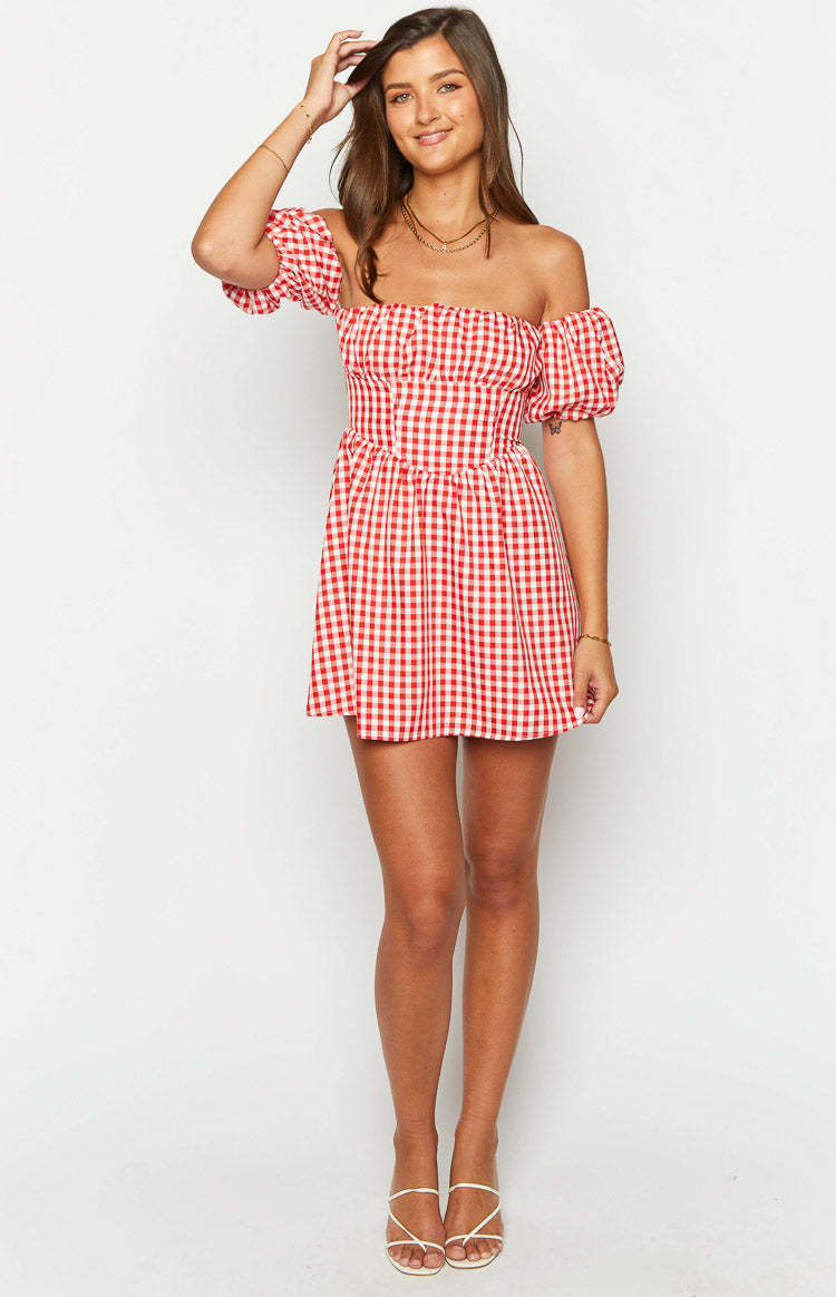 Love Lost Off The Shoulder Red Gingham Mini Dress-Vavasi.All Rights Reserved.