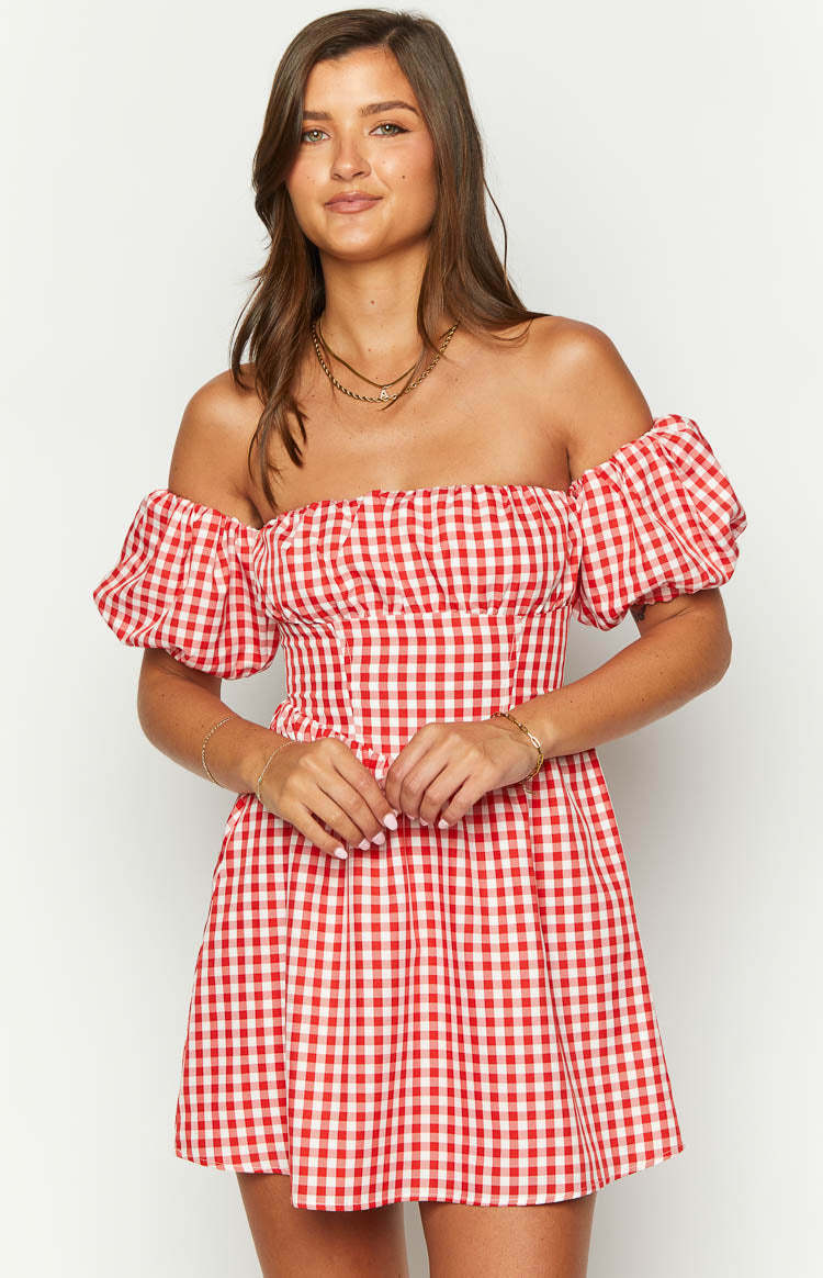 Love Lost Off The Shoulder Red Gingham Mini Dress-Vavasi.All Rights Reserved.