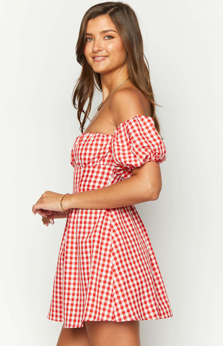 Love Lost Off The Shoulder Red Gingham Mini Dress-Vavasi.All Rights Reserved.