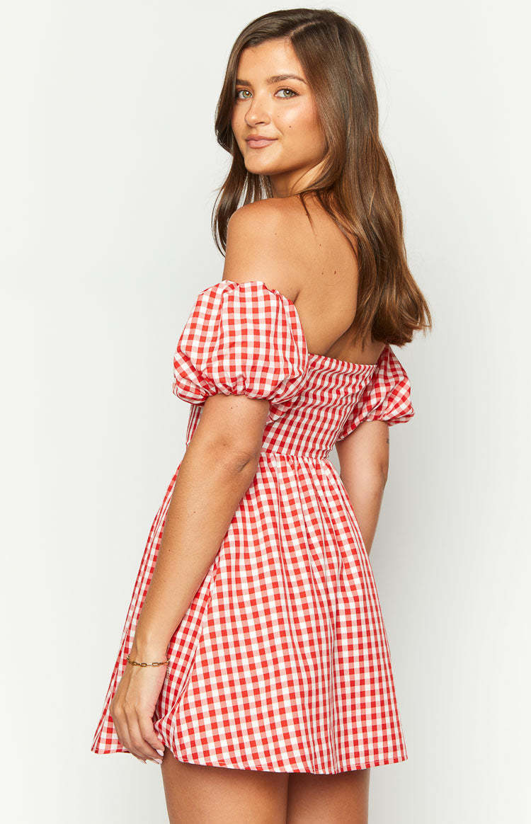 Love Lost Off The Shoulder Red Gingham Mini Dress-Vavasi.All Rights Reserved.