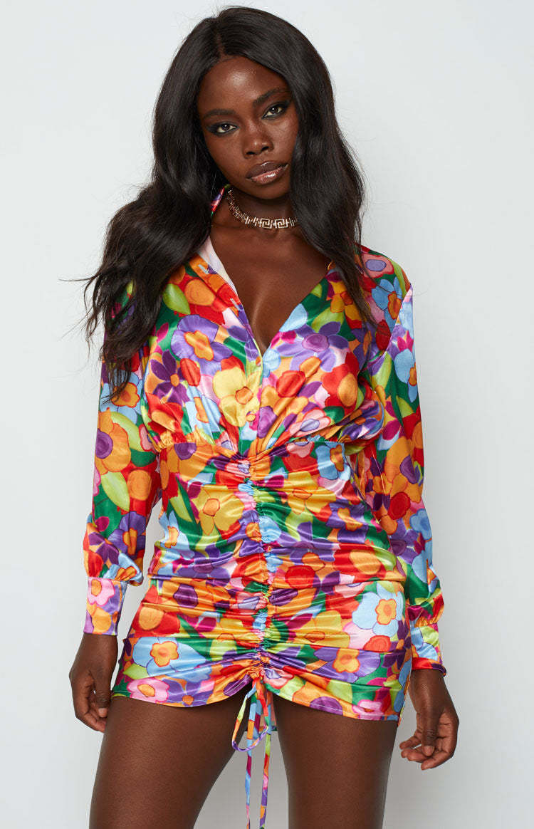 Lover Satin Shirt Dress Multi Floral-Vavasi.All Rights Reserved.