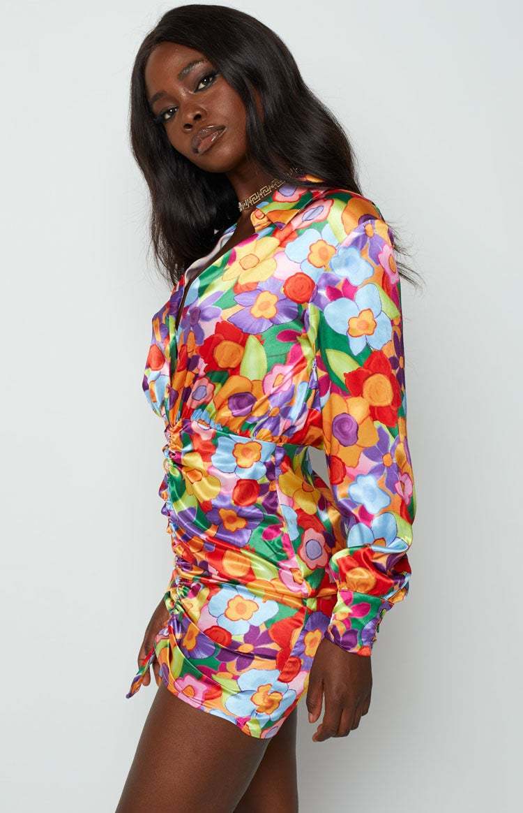 Lover Satin Shirt Dress Multi Floral-Vavasi.All Rights Reserved.