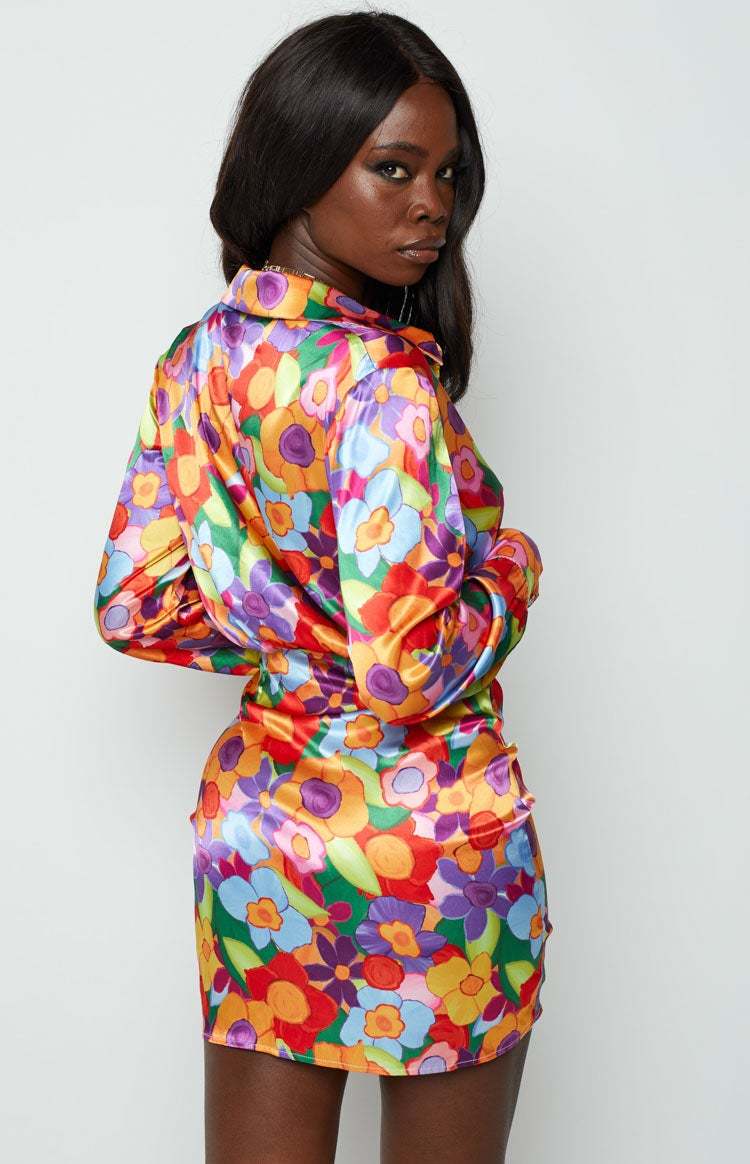 Lover Satin Shirt Dress Multi Floral-Vavasi.All Rights Reserved.