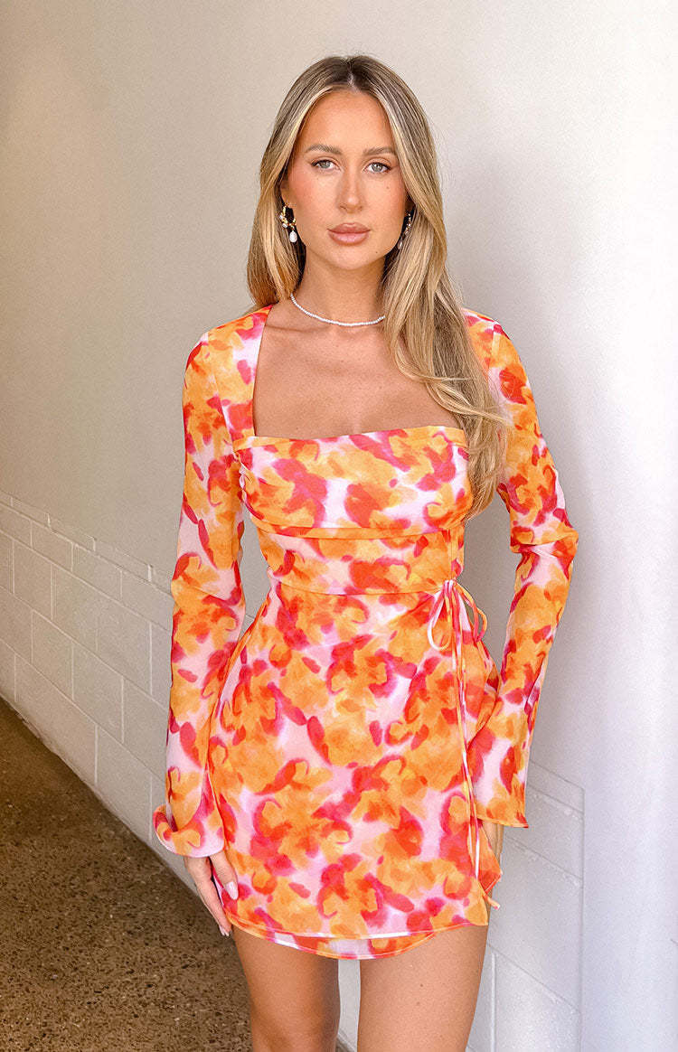 Lucy Azalea Pink Print Long Sleeve Mini Dress-Vavasi.All Rights Reserved.