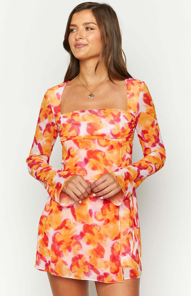 Lucy Azalea Pink Print Long Sleeve Mini Dress-Vavasi.All Rights Reserved.