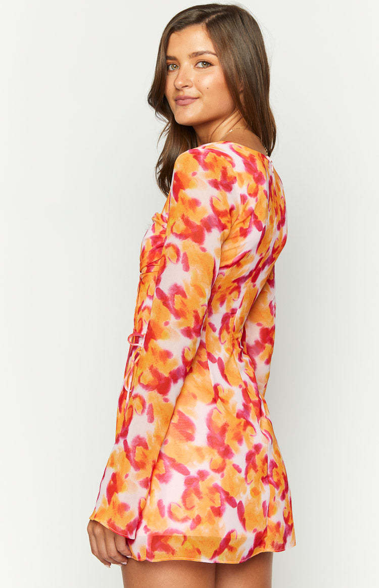 Lucy Azalea Pink Print Long Sleeve Mini Dress-Vavasi.All Rights Reserved.