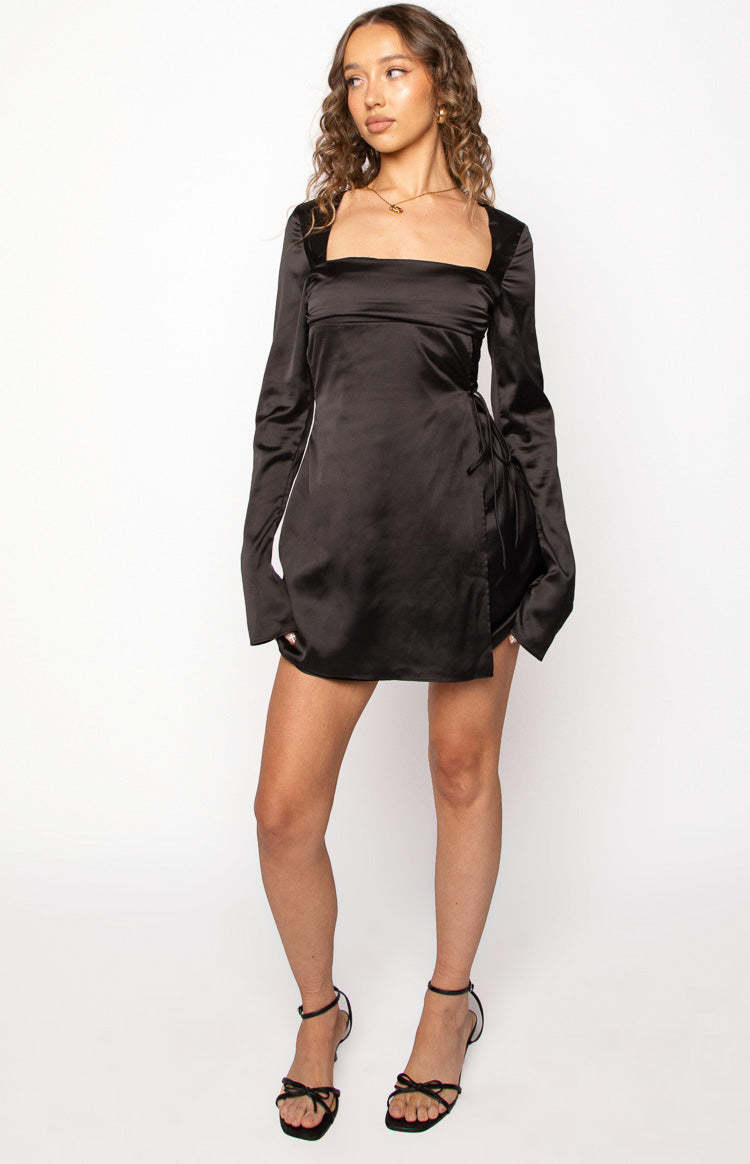 Lucy Black Satin Long Sleeve Mini Dress-Vavasi.All Rights Reserved.