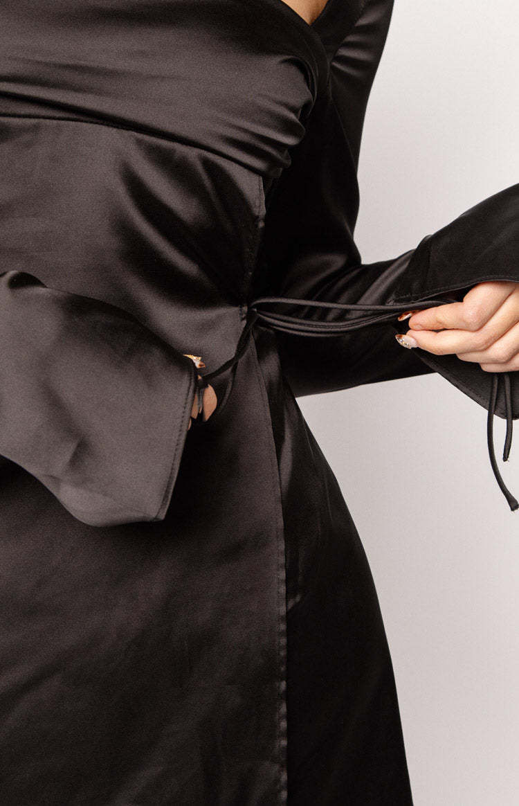Lucy Black Satin Long Sleeve Mini Dress-Vavasi.All Rights Reserved.