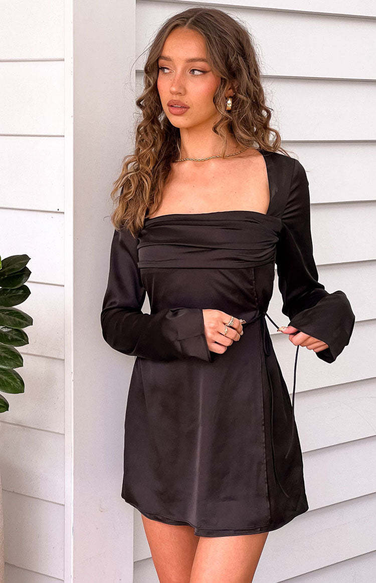 Lucy Black Satin Long Sleeve Mini Dress-Vavasi.All Rights Reserved.