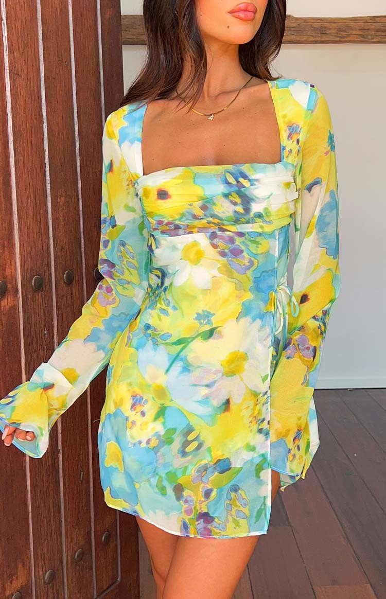 Lucy Blue Floral Long Sleeve Mini Dress-Vavasi.All Rights Reserved.