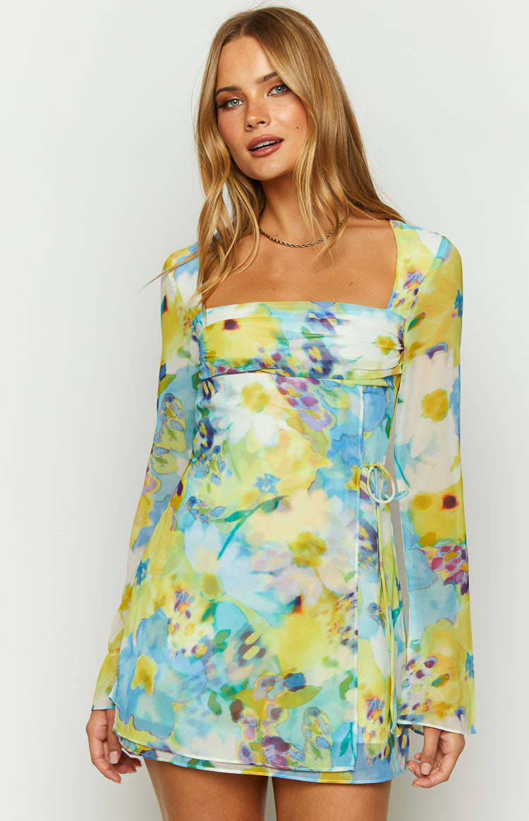 Lucy Blue Floral Long Sleeve Mini Dress-Vavasi.All Rights Reserved.