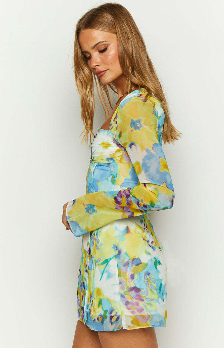 Lucy Blue Floral Long Sleeve Mini Dress-Vavasi.All Rights Reserved.
