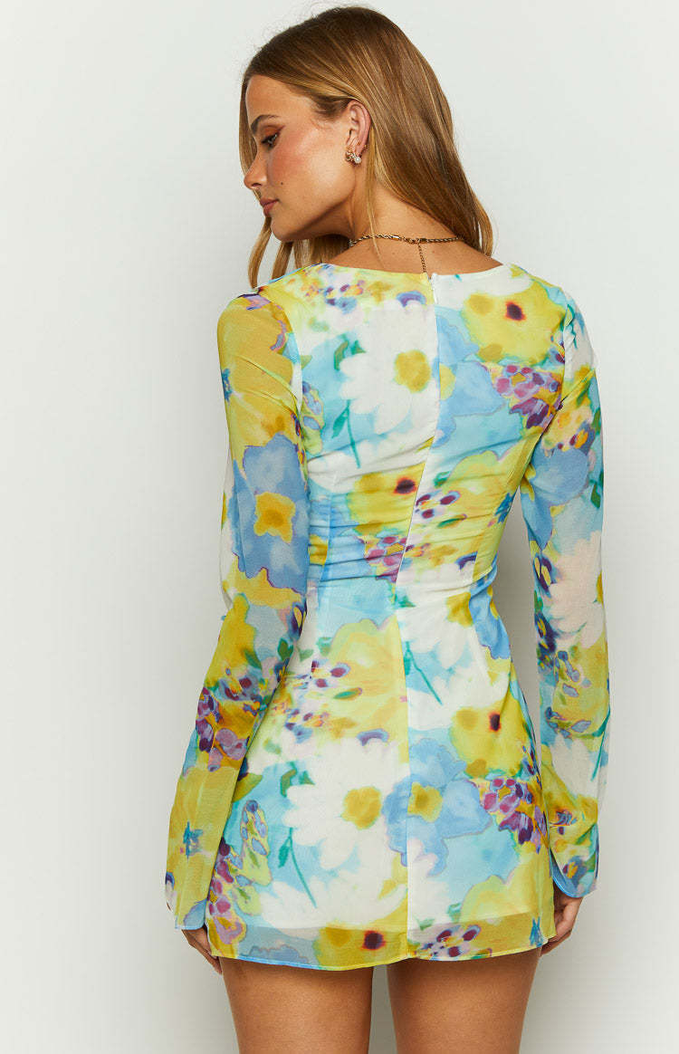 Lucy Blue Floral Long Sleeve Mini Dress-Vavasi.All Rights Reserved.