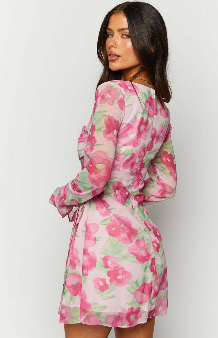 Lucy Pink Floral Print Long Sleeve Mini Dress-Vavasi.All Rights Reserved.