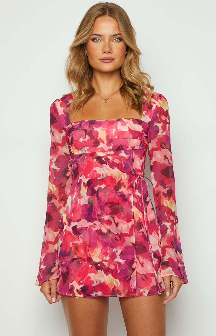 Lucy Pink Print Long Sleeve Mini Dress-Vavasi.All Rights Reserved.