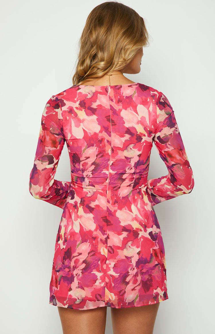 Lucy Pink Print Long Sleeve Mini Dress-Vavasi.All Rights Reserved.