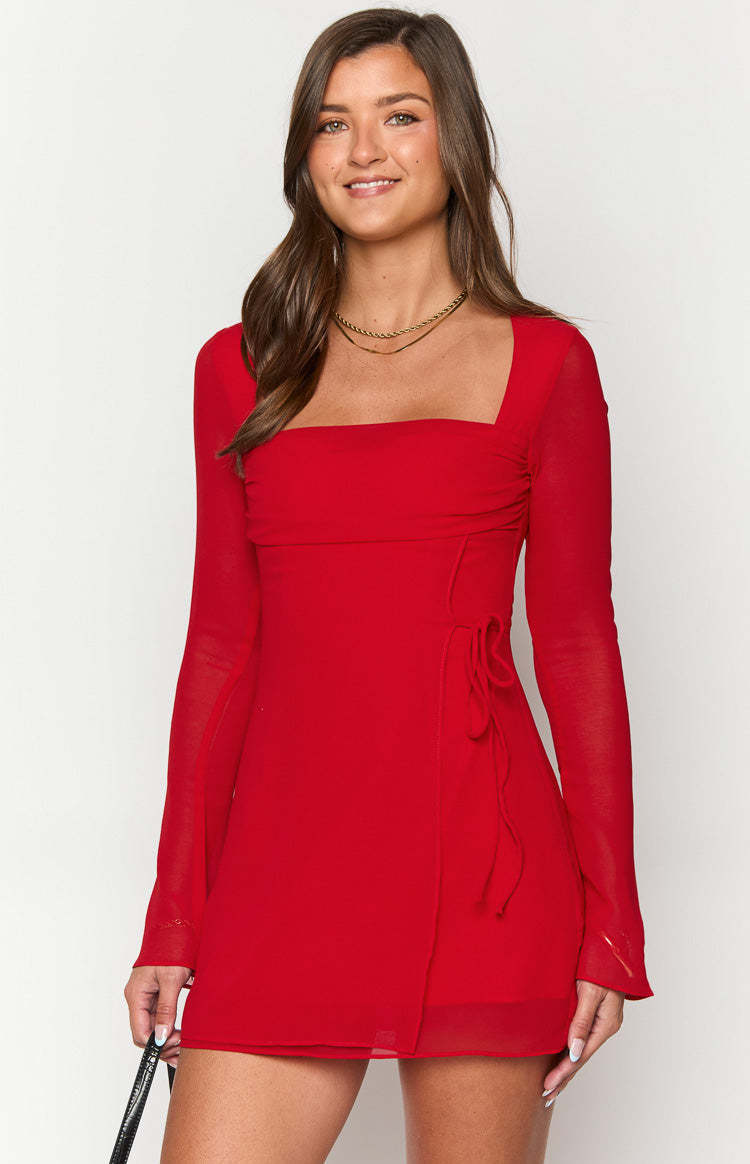 Lucy Red Long Sleeve Mini Dress-Vavasi.All Rights Reserved.