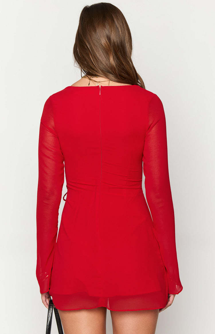 Lucy Red Long Sleeve Mini Dress-Vavasi.All Rights Reserved.