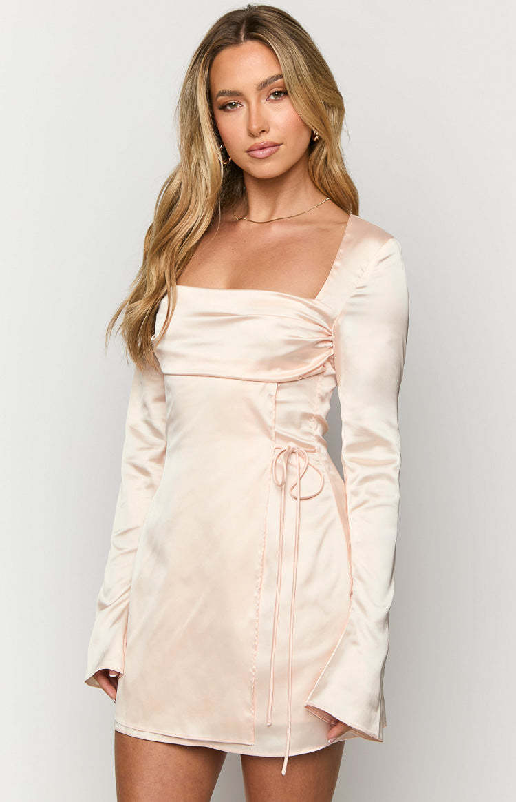 Lucy Cream Satin Long Sleeve Mini Dress-Vavasi.All Rights Reserved.